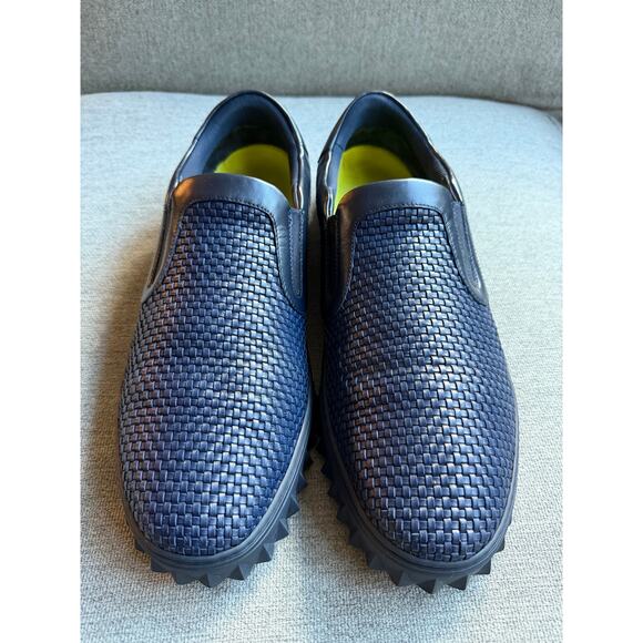 Salvatore Ferragamo Woven Slip on Sneaker Leather Blue Men's Sz 14 Preppy - Picture 1 of 13